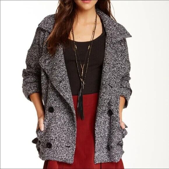Free People Slouchy Boho Coat Utility Moto Jacket Marled Black Belted Size Small - Picture 1 of 9